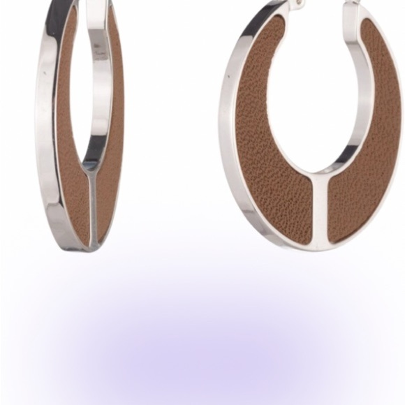 Ralph Lauren Silver and Brown Leather Hoop Earrings - Picture 3 of 10